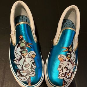 Ed Hardy metallic leather uppers,  blue with skull graphics death or glory